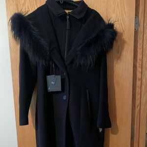 Mackage Wool Coat w/ Fur Shawl Hood- Navy- Medium